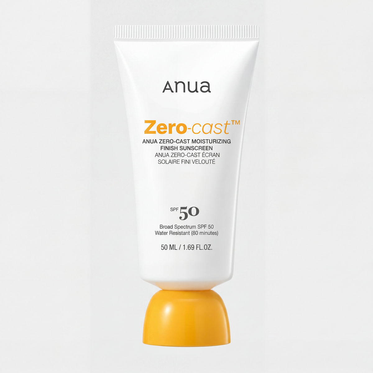 Anua – Zero-Cast™ Moisturizing Finish Sunscreen | SPF 50 Broad Spectrum | Fini Velouté Sans Effet Blanc | Résistant à l'Eau 80 min | 50ml