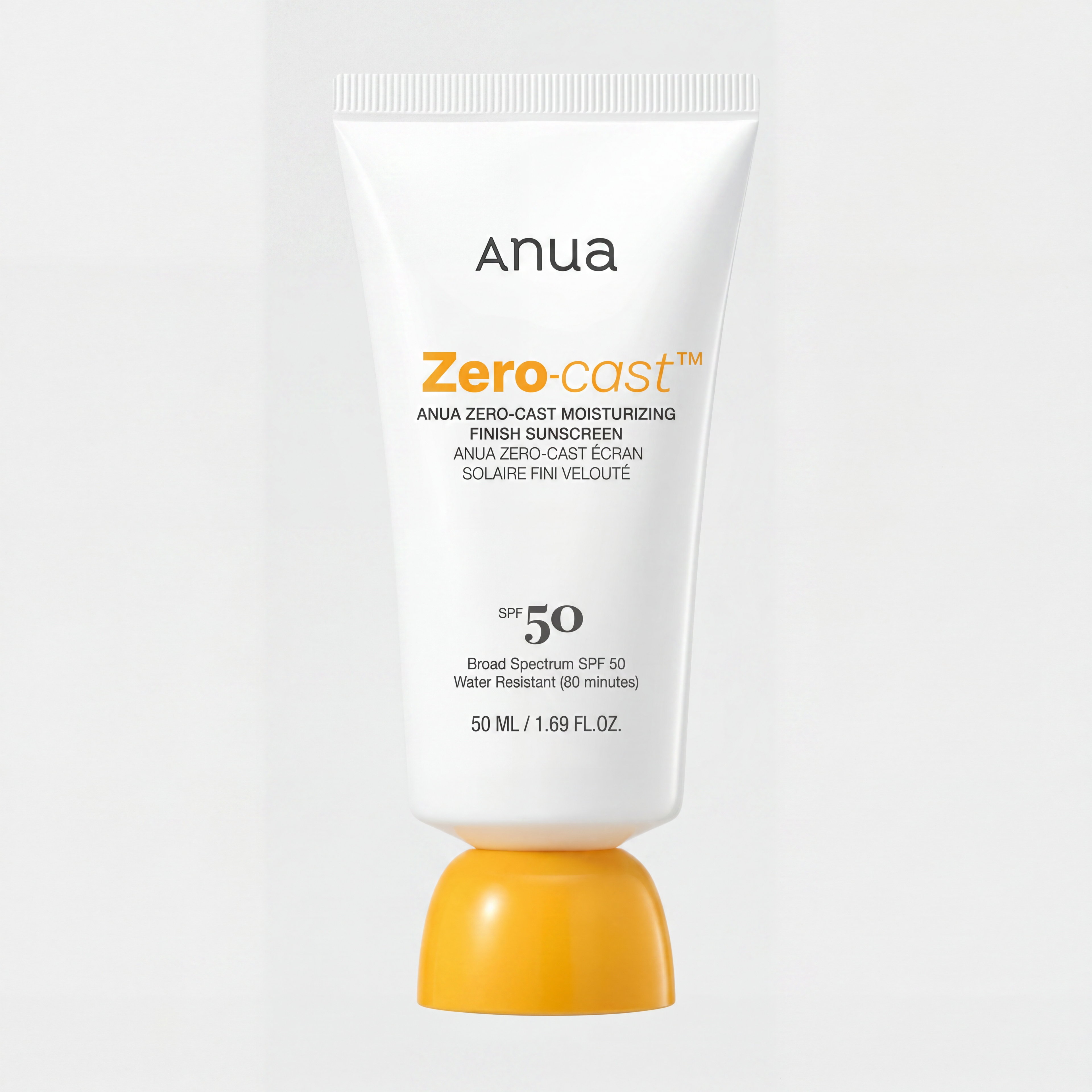 Anua – Zero-Cast™ Moisturizing Finish Sunscreen | SPF 50 Broad Spectrum | Fini Velouté Sans Effet Blanc | Résistant à l'Eau 80 min | 50ml