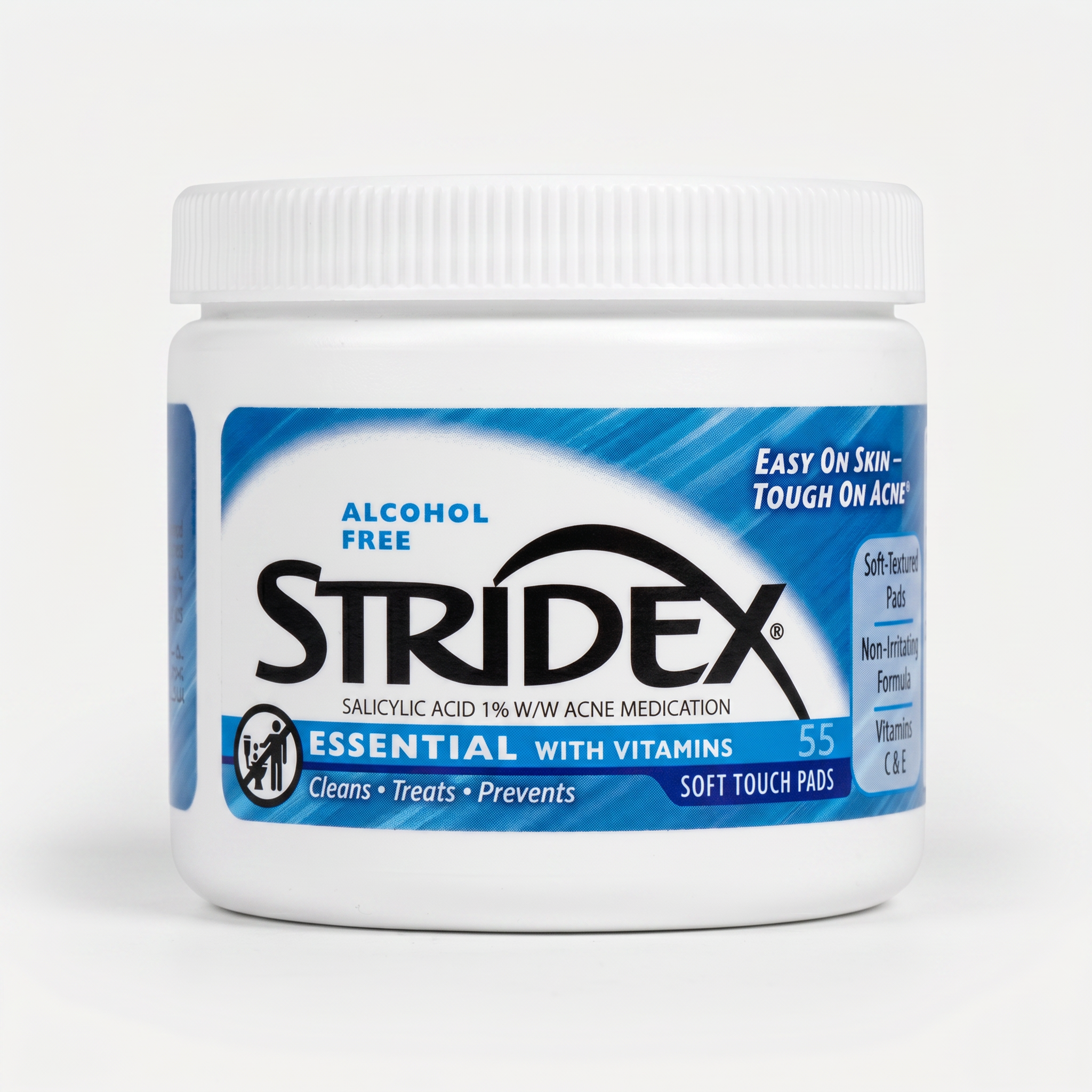 Stridex – Essential Soft Touch Pads | Acide Salicylique 1% + Vitamines C & E | Anti-Acné Sans Alcool | 55 Pad